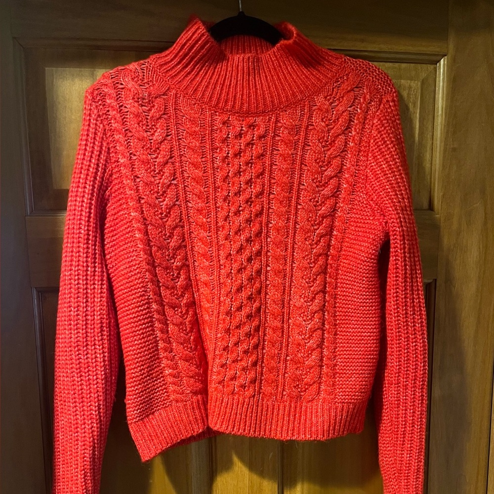 LOFT Red Cowl Neck Sweater with Cable Knit Design